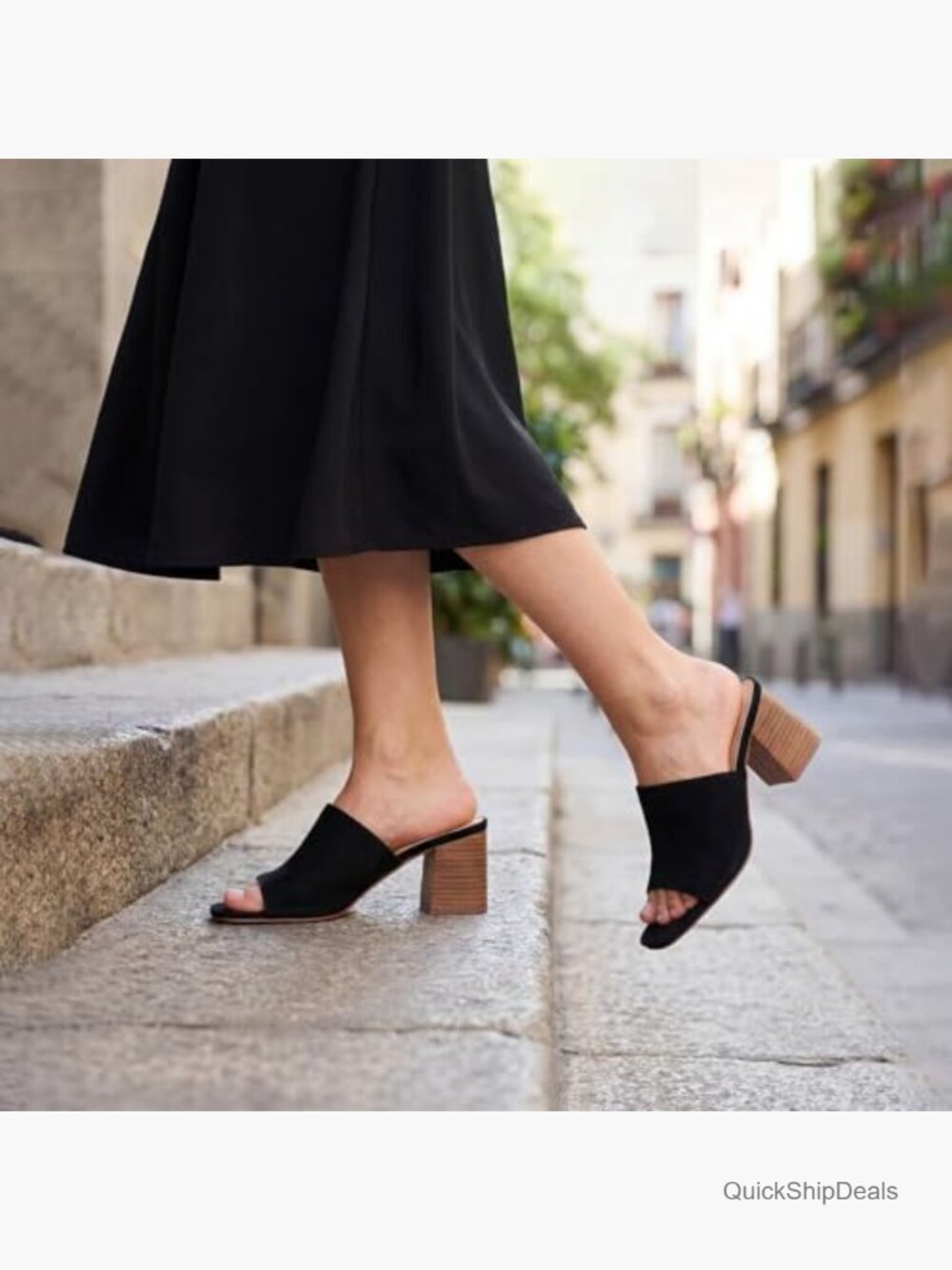 Faux Suede Heeled Sandals, Slip On Block Wedge, Open Toe Summer - Picture 2 of 7